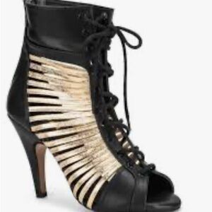 Quinn Open Toe Black and Gold Lace-Up Ankled Heeled Boots